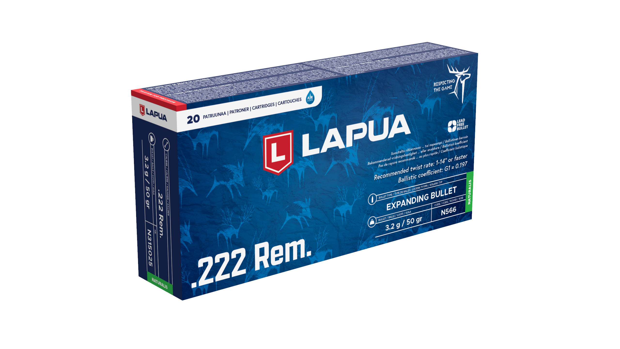 Lapua Naturalis *Blyfri* .222 Rem. - 3,2 g / 50 gr - Æske á 20 stk